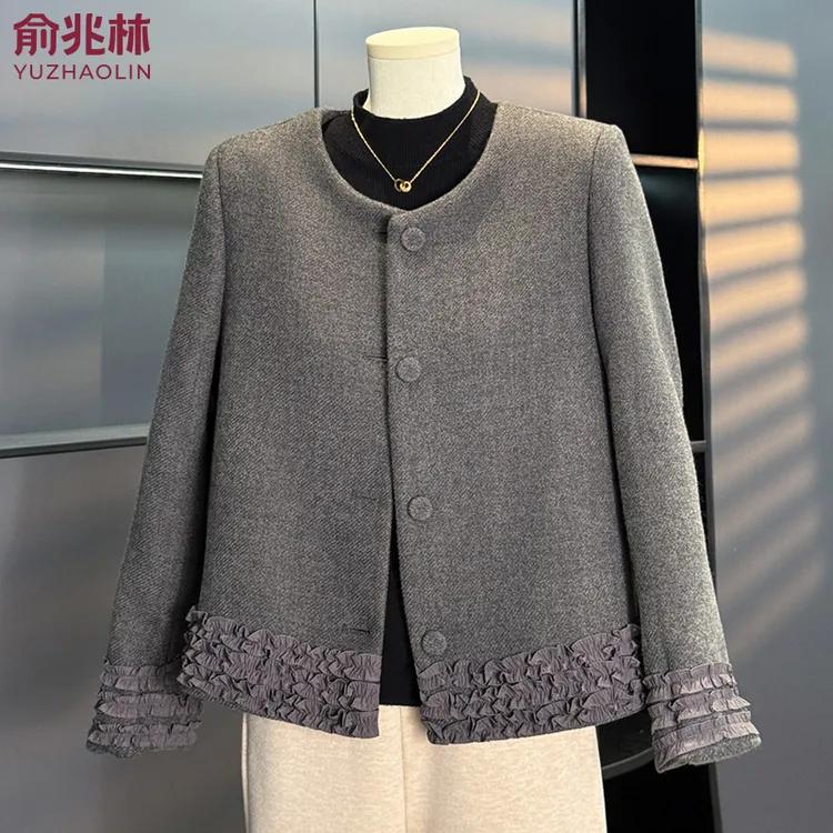 俞兆林妈妈秋装小香风外套洋气上衣气质花边中老年女春秋毛呢夹克