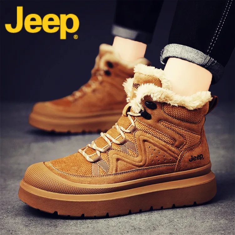 jeep吉普雪地靴男鞋冬季加绒保暖棉鞋子男士2025新款高帮款马丁靴