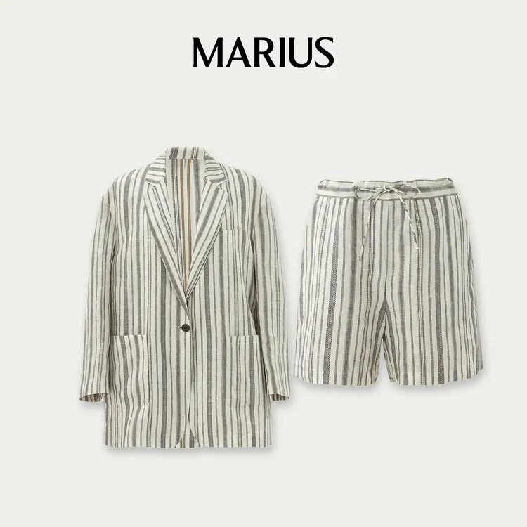 MARIUS“麻条西装”夏季休闲老钱风一粒扣西装短裤套装老钱时尚百搭
