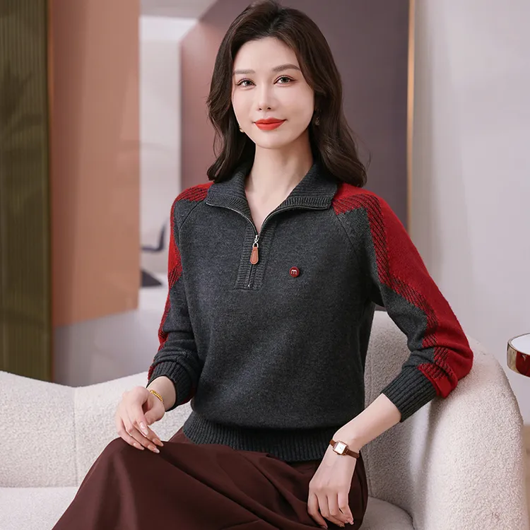 2025年冬季半拉链厚款休闲针织衫女洋气时尚宽松长袖针织毛衣百搭