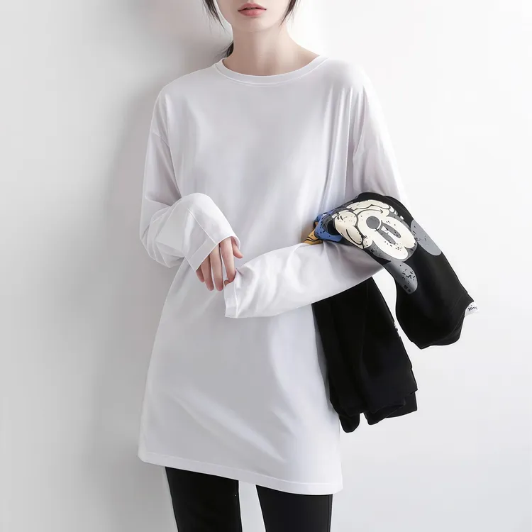 中长款白色长袖t恤女纯棉卫衣叠穿内搭打底衫遮屁股宽松中长上衣