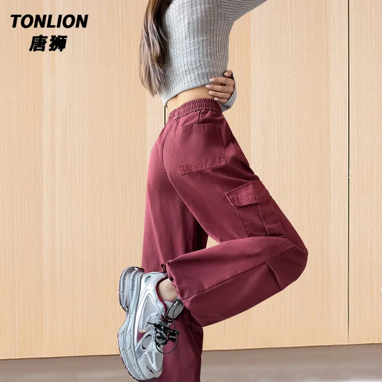 唐狮工装辣妹秋季高腰显瘦宽松韩版拖地阔腿裤亮色百搭休闲裤长裤
