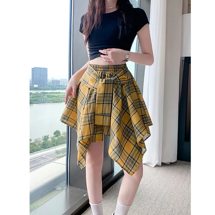 不规则绑带a字半身裙女夏季2025新款时尚设计感宽松小众格子短裙