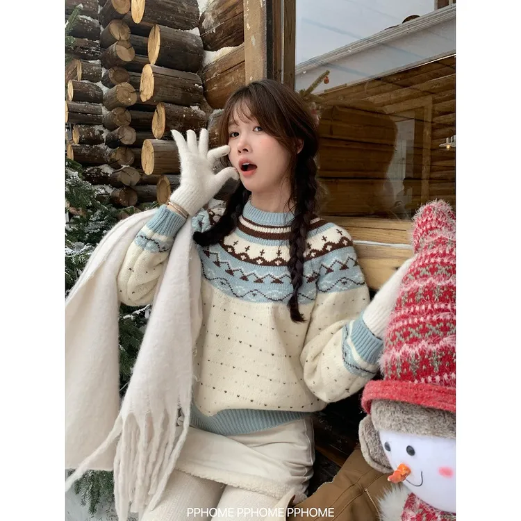 香软小蛋糕 费尔岛圆领毛衣冬季甜美加厚百搭毛衣上衣