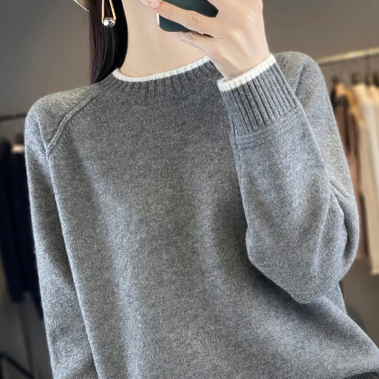 纯100羊毛针织打底衫女秋冬季新款长袖上衣洋气大码女装百搭毛衣