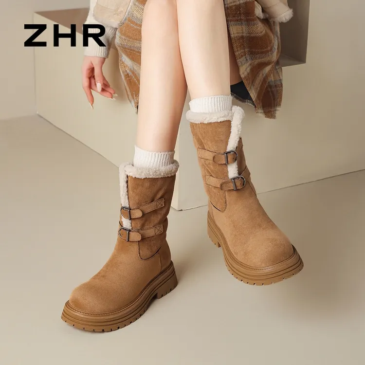 厚底雪地靴女2025秋冬季新款加绒加厚皮带扣中筒靴保暖东北大棉鞋