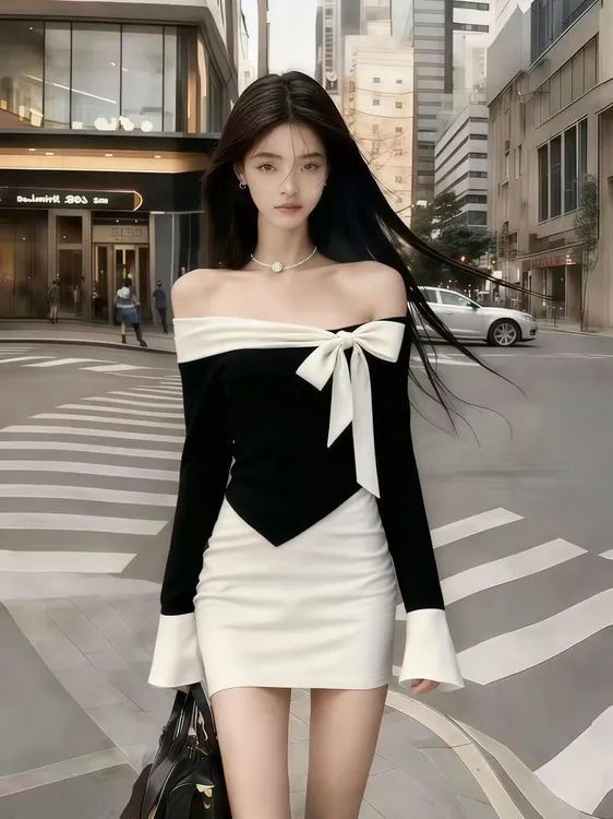 秋冬时尚轻奢御姐风氛围感撞色一字肩露肩长袖修身收腰包臀连衣裙