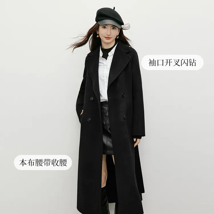红袖2025冬季新款女装 100绵羊毛系带双排扣正肩翻驳领双面呢大衣