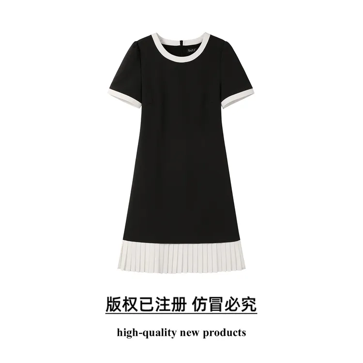 奢姿大码女装2025夏季减龄百褶拼接时尚连衣裙胖妹妹简约圆领裙子