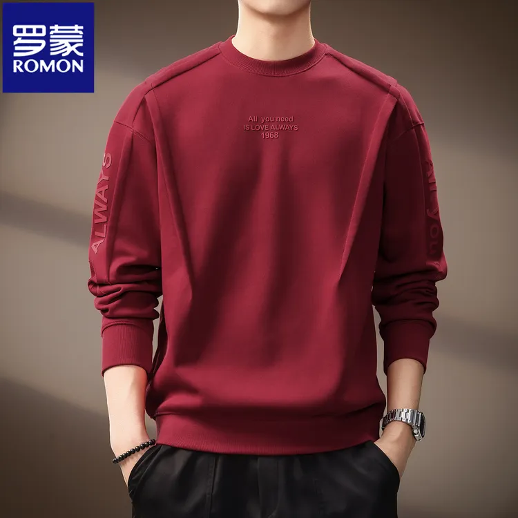 Romon/罗蒙高端美式重磅字母印花男士卫衣秋季潮流拼接宽松打底衫