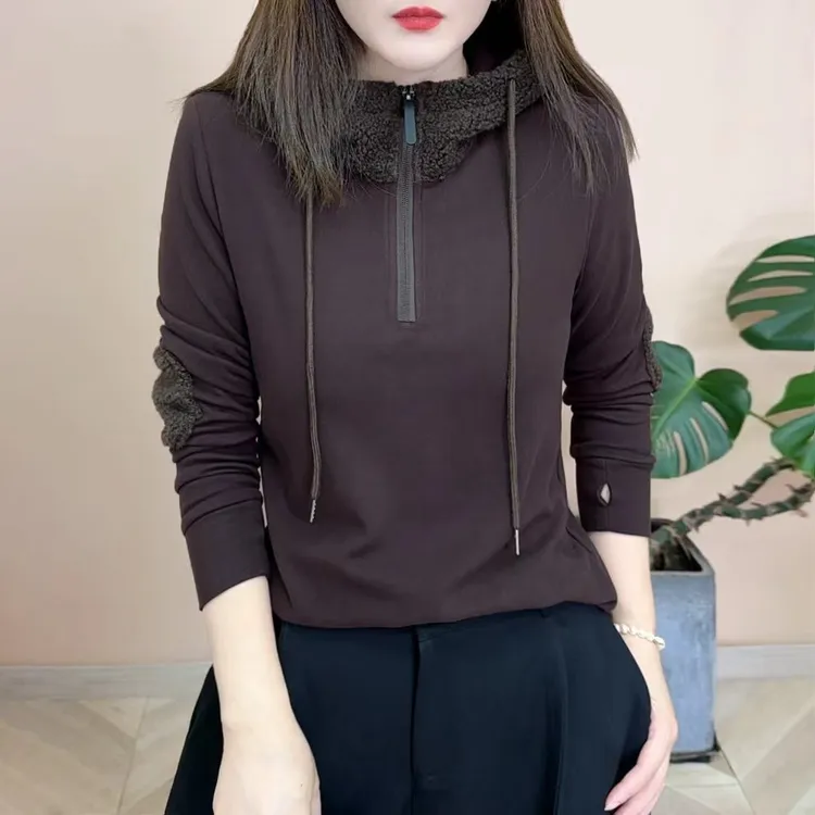 2025冬季新品时尚百搭修身半拉链连帽双面绒卫衣女士长袖上衣8269