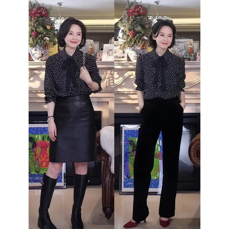 我是摩羯 福冈美术馆 6A级桑蚕丝18MM弹力双绉飘带波点夏衬衫