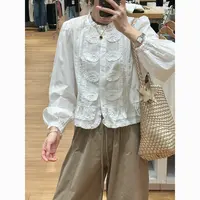 【歡囍】韩版早秋设计感重工净色格子长袖百褶蕾丝边单排扣衬衫