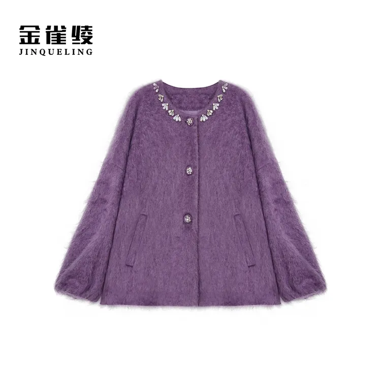金雀绫【紫绒千金】法式轻奢钉珠拉毛加宽加大毛呢外套SZA4MW805