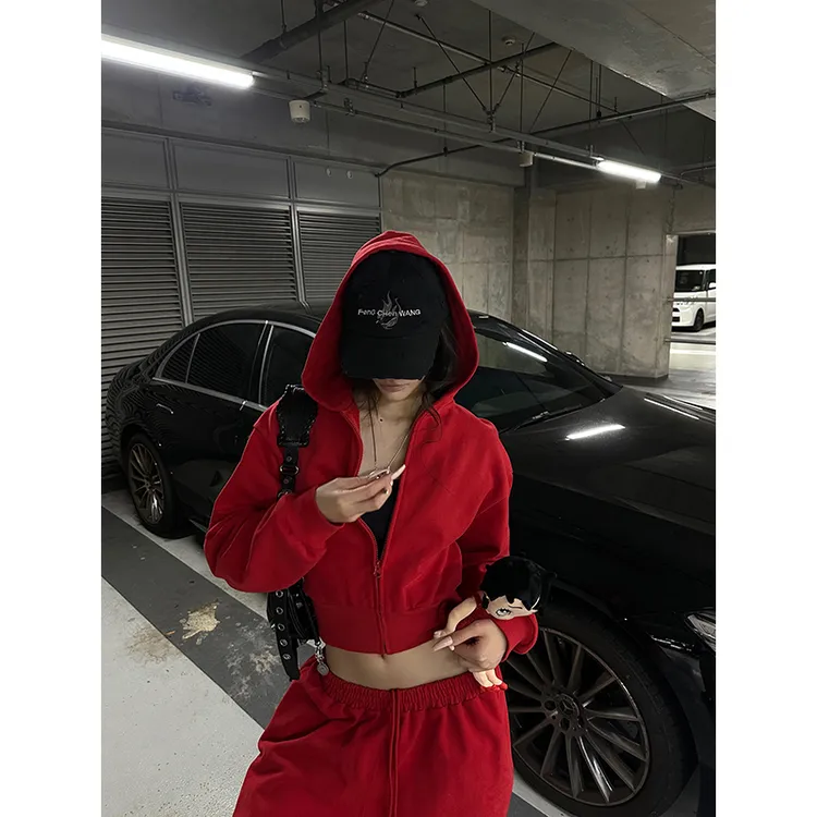 红色连帽卫衣宽松休闲辣妹短款开衫黑色外套抽绳卫裤套装
