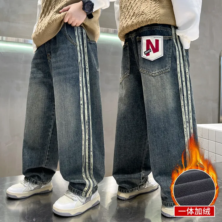 童装冬款加绒休闲男童牛仔裤中大童加厚保暖直筒裤儿童宽松长裤子