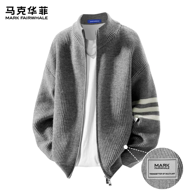 马克华菲简约三条杠毛衣男士秋冬季新款高级感立领潮流针织衫外套