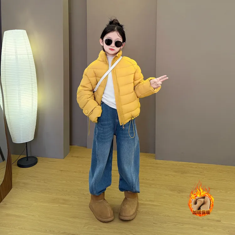 女童2025新款儿童冬季保暖时髦洋气棉服外套加绒牛仔裤套装新品潮