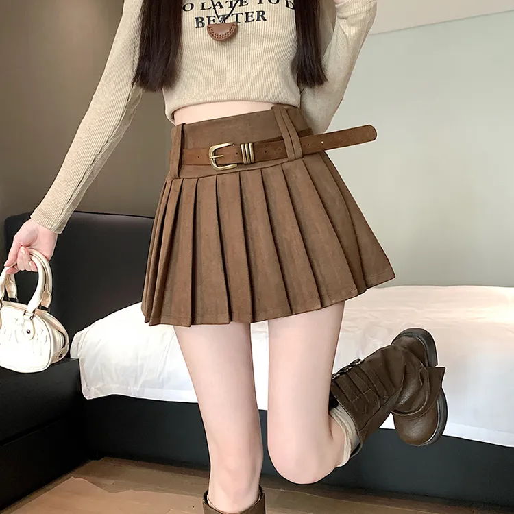 实拍2025秋冬麂皮美拉德色系防走光辣妹超短半身裙短裙女送腰带