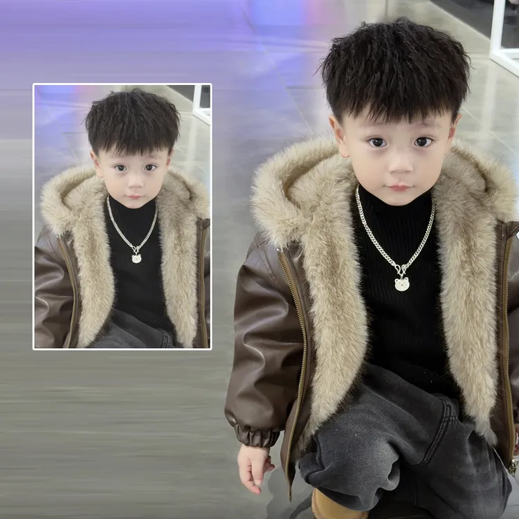 男童加绒加厚皮衣外套2025新款洋气痞帅冬装夹克男孩连帽两面穿潮