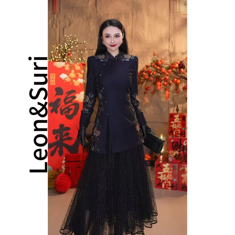 Leon&Suri“天翔紫燕”新款复古显瘦修身时尚长袖气质加绒打底衣