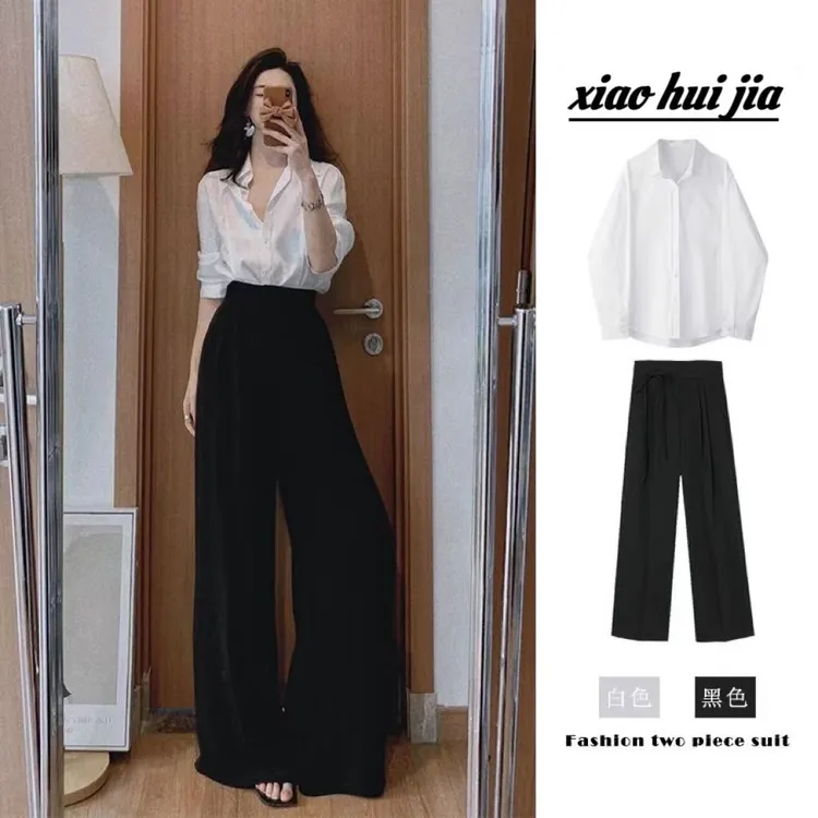 【宝藏好物】早秋新款茶里茶气盐系穿搭法式桔梗白色衬衫阔腿裤两