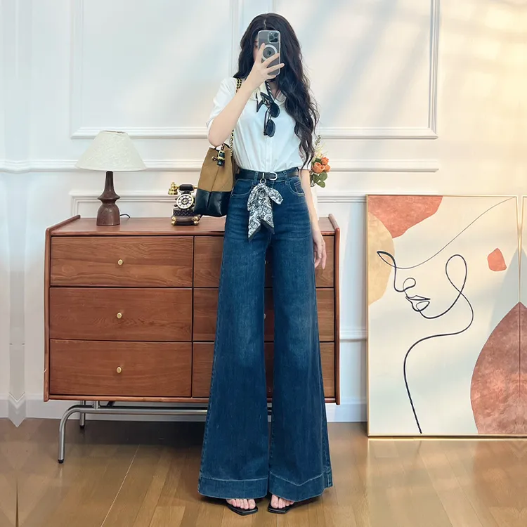 喜绚阔腿牛仔裤女春秋季2025新款显瘦垂感超火慵懒设计感直筒裤子