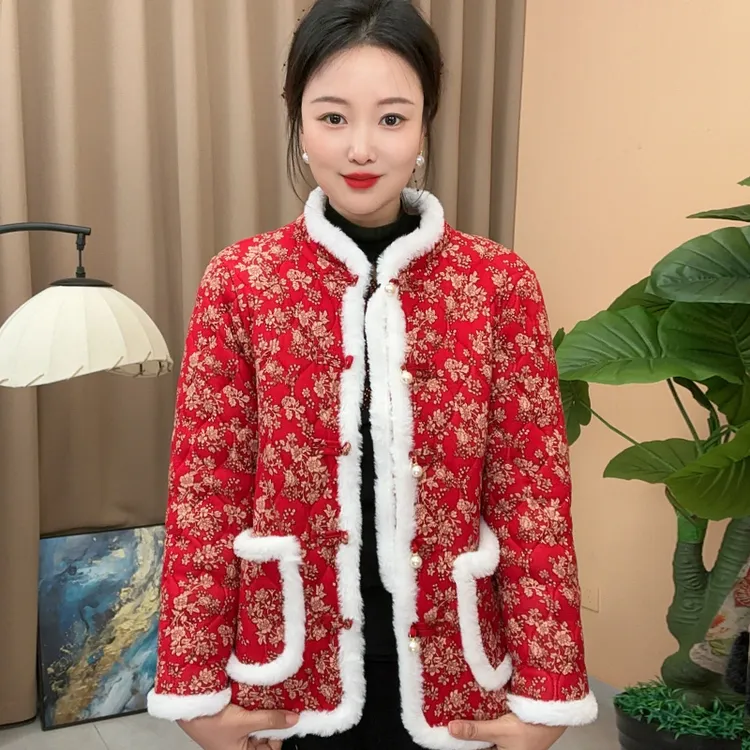 新款中式拜年服喜庆女加绒加厚小花棉袄气质国风短款保暖棉服外套