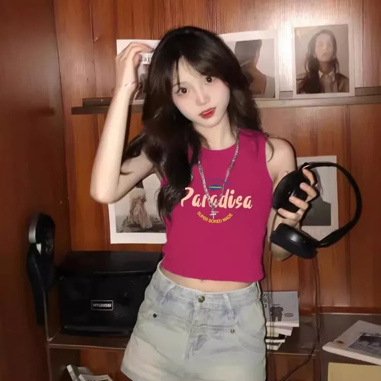 多巴胺穿搭夏季修身显瘦背心女新款撞色字母印花圆领无袖上衣女