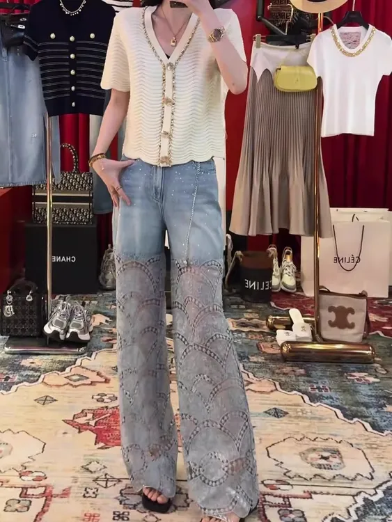 2025夏薄款闪闪镂空蕾丝拼接裤女高腰遮肉宽松显瘦直筒拖地牛仔裤