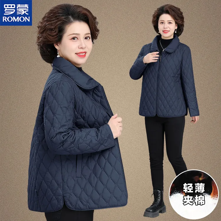 罗蒙妈妈秋装轻薄棉衣中老年人春秋季新款夹棉外套阔太太时髦女装