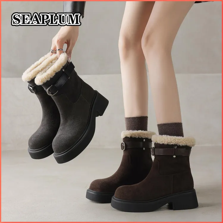 SEAPLUM2025冬季保暖厚底粗跟时尚雪地靴学院风复古皮带扣加绒