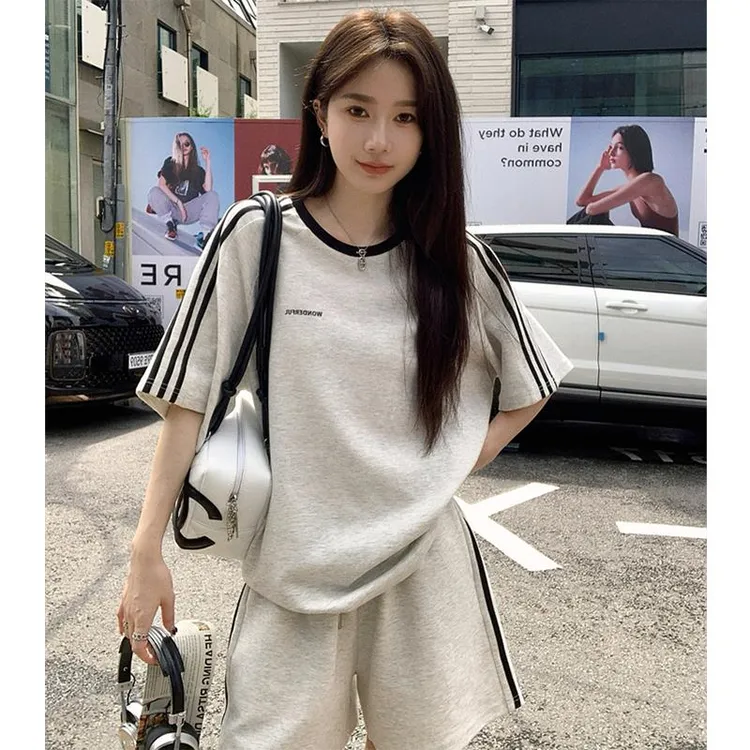 美式炸街休闲运动服套装女夏学生宽松韩版时尚短袖短裤跑步两件套