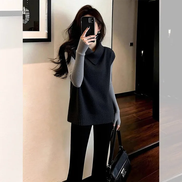 独特漂亮灰色小衫坎肩毛衣两件套女装秋冬针织马甲洋气高贵上衣服