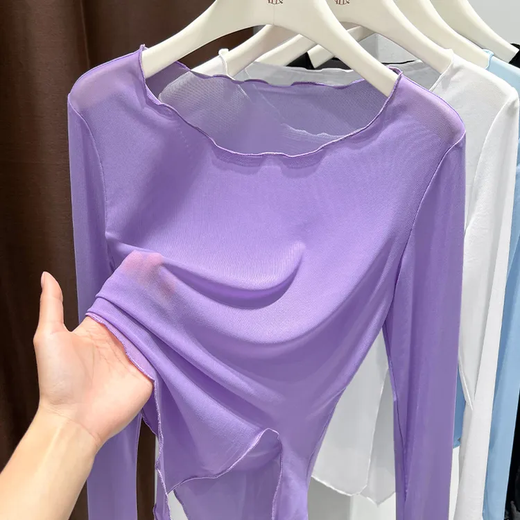 2025夏季爆款外穿长袖T恤紫色大圆领套头打底小衫洋气网纱上衣女