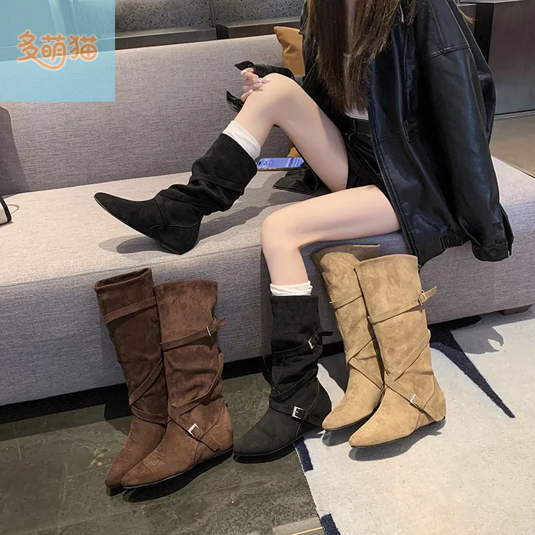 内增高长筒靴女2025新款秋季复古百搭堆堆靴皮带扣显瘦高筒骑士靴