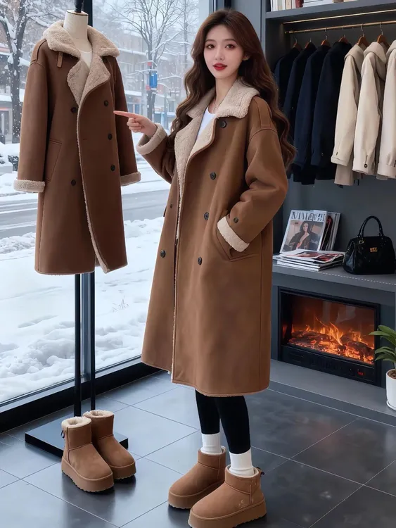 美拉德中长款过膝皮毛一体外套女2025冬季新款加厚休闲麂皮绒大衣