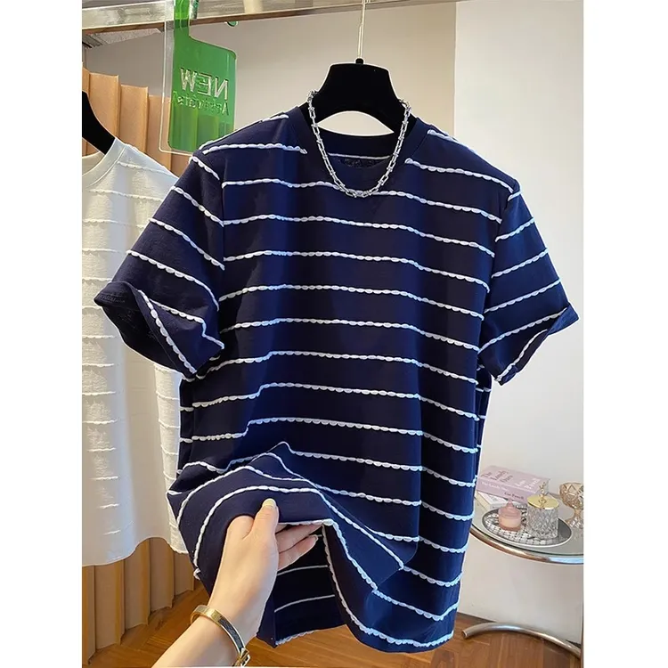 胖妹妹240斤大码韩范高级感通勤条纹短袖T恤衫女夏季宽松显瘦上衣