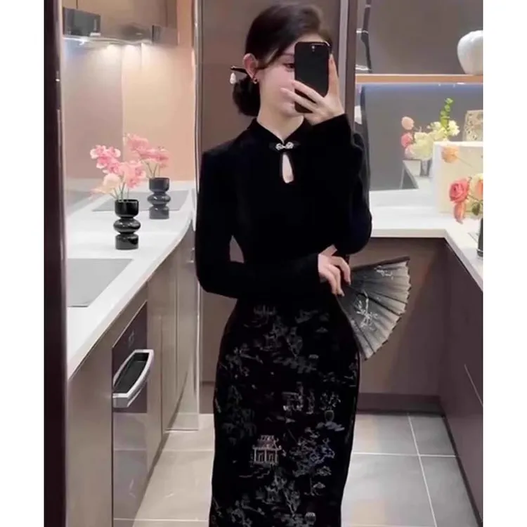 【有里布】新中式国风旗袍连衣裙子女2025春秋款气质修身长裙QY0079