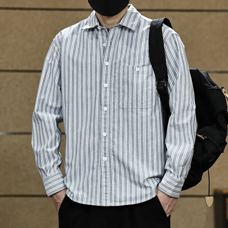 高端美式复古条纹休闲衬衫男春秋季潮牌宽松翻领纯棉百搭衬衣外套