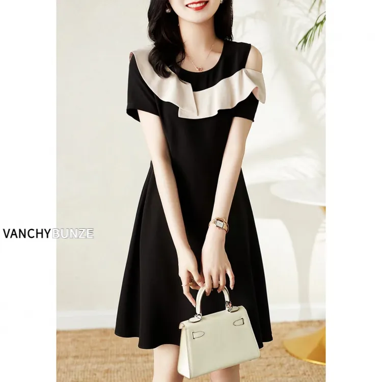 BUNZE 荷叶边单侧露肩连衣裙夏季气质撞色拼接收腰显瘦法式a字小