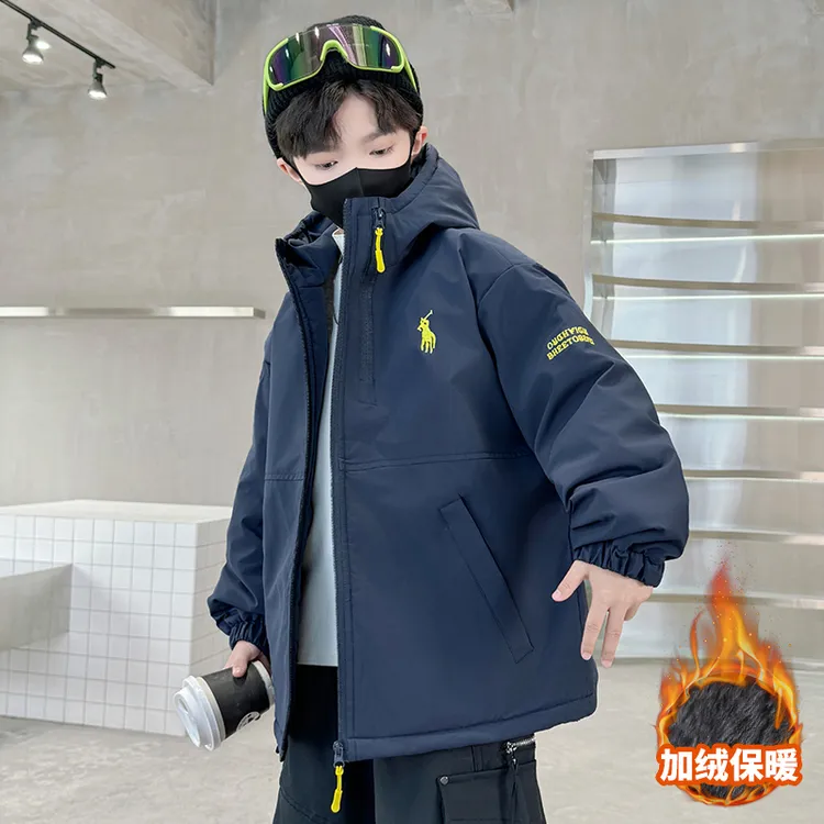 男童冬季夹棉加绒加厚外套2025新款冬季中大儿童男孩冬装冲锋衣款