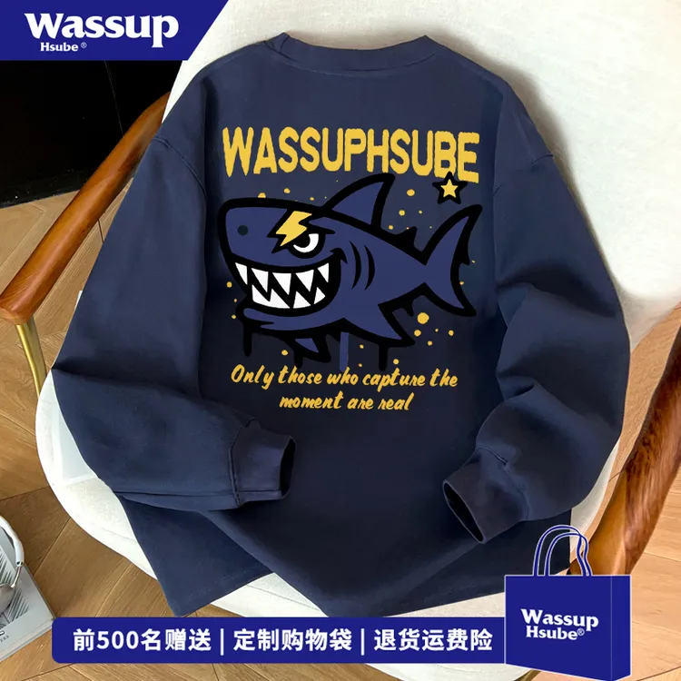 WASSUP HSUBE美式vibe鲨鱼印花纯棉长袖T恤男秋季休闲风圆领上衣