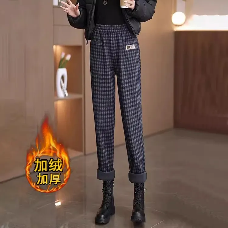 加绒加厚格子高腰裤女洋气秋冬新款大码时尚显瘦哈伦毛呢老爹裤