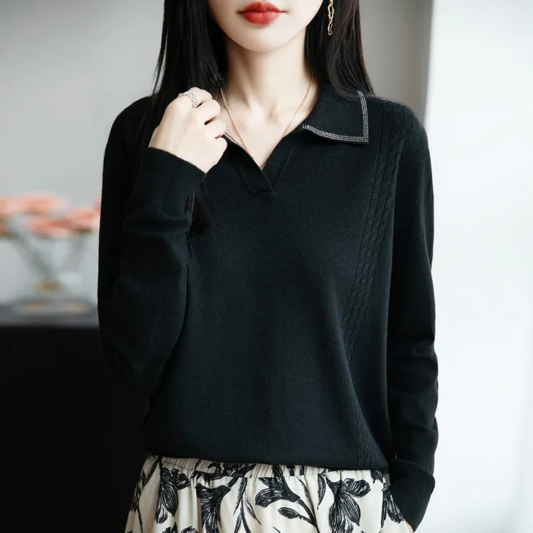 翻领针织衫女春秋装新款大码洋气上衣宽松显瘦百搭薄款烫钻打底衫