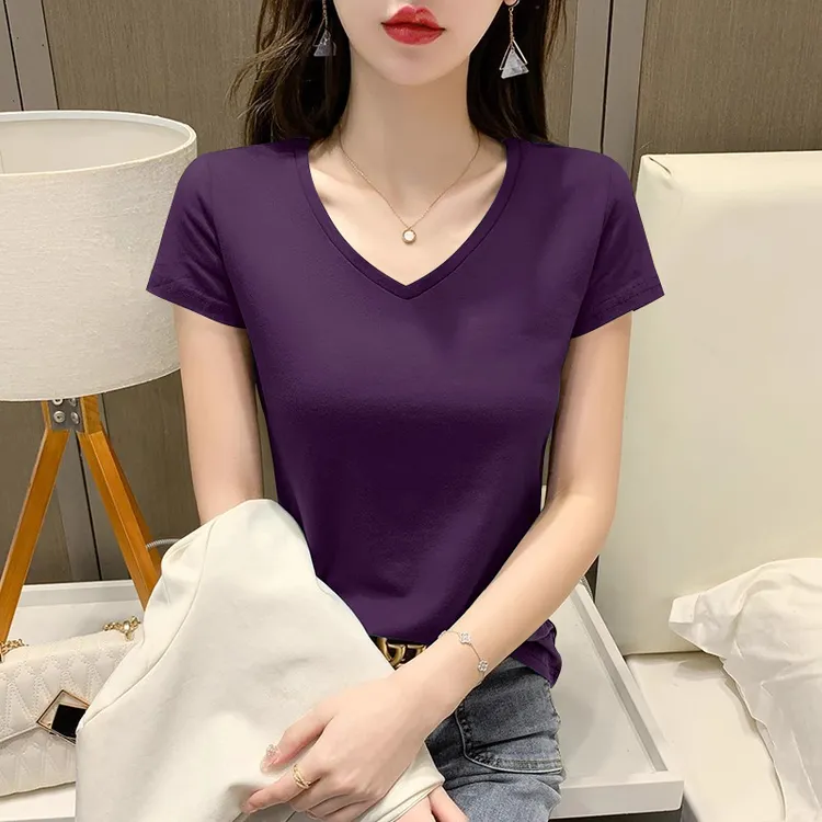夏季爆款高弹白色V领短袖T恤女宽松显瘦低领纯色百搭内搭打底衫潮