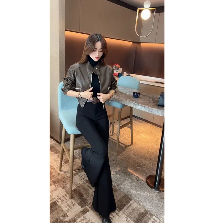 含腰带/气质洋气立领PU皮机车服短款小外套潮女中长款微喇裤长裤