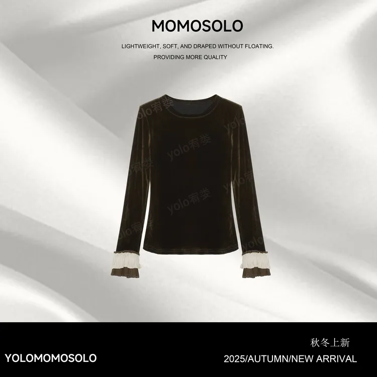 •茶籽儿•2025秋冬定制金棕金丝绒木耳花边打底上衣259384