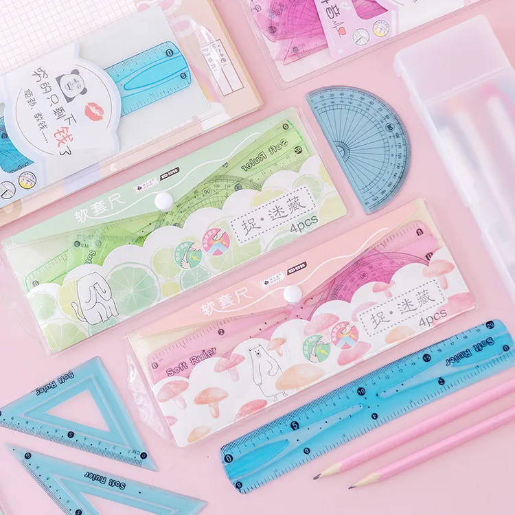 软尺子学生文具套装20cm软直尺 小学生三角尺量角器四件套