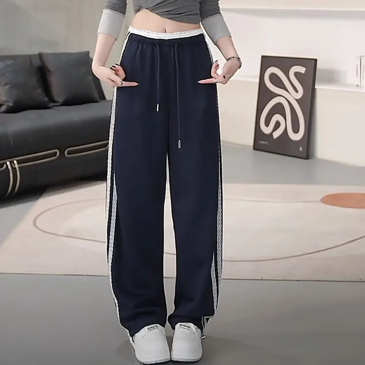 蕾丝拼接阔腿休闲裤女2025春秋新款韩系宽松显瘦百搭运动直筒长裤